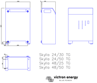 Technical dimensional drawing of Skylla-TG charger showing front, side and bottom views with measurements