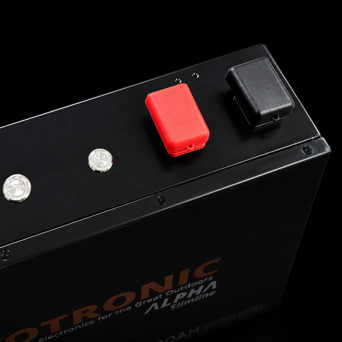 Close-up perspective of the top control panel on a slimline lithium battery