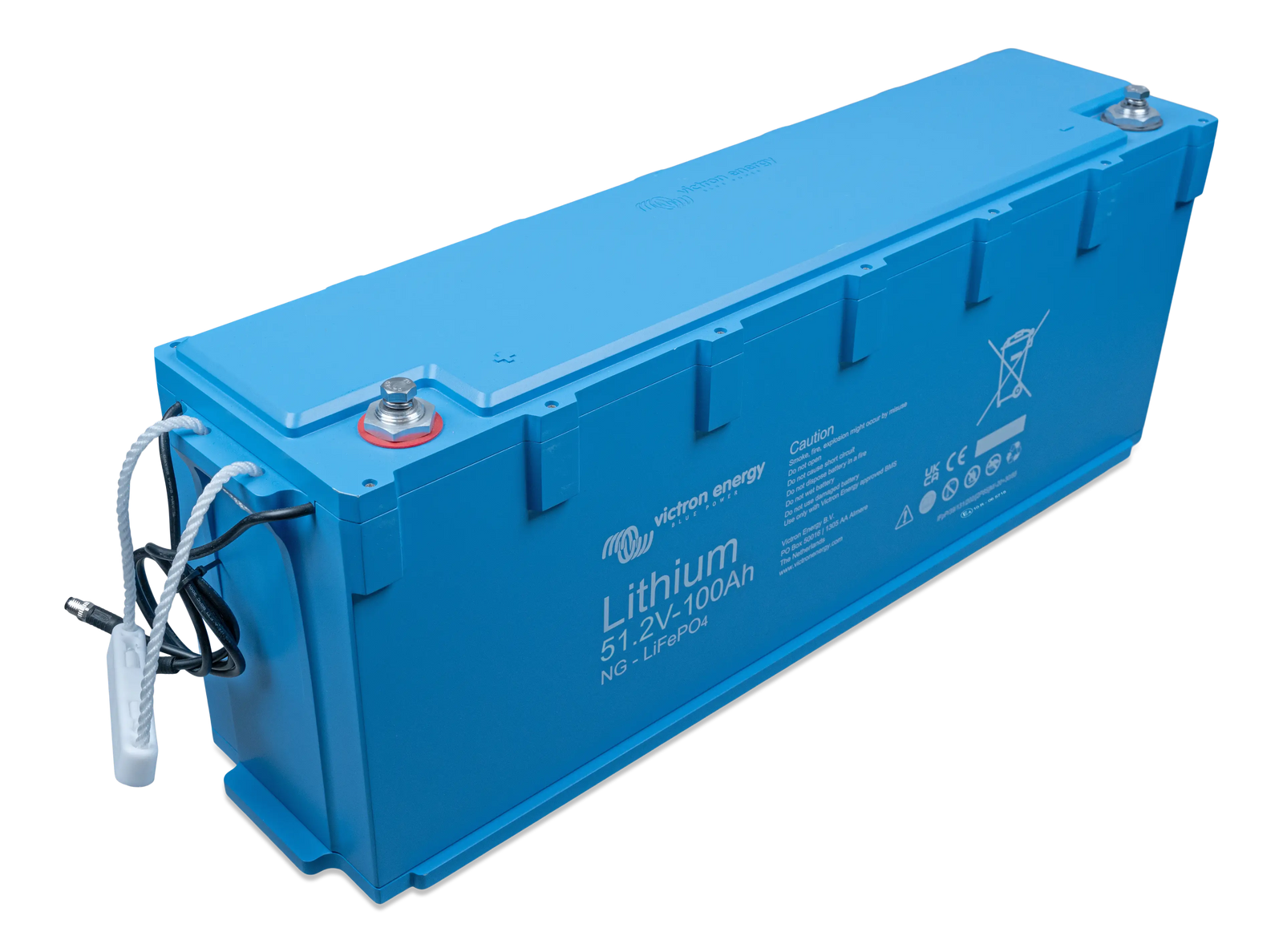 Top-down perspective of 48V 100Ah lithium battery showing M8 terminal bolts and removable lid screws