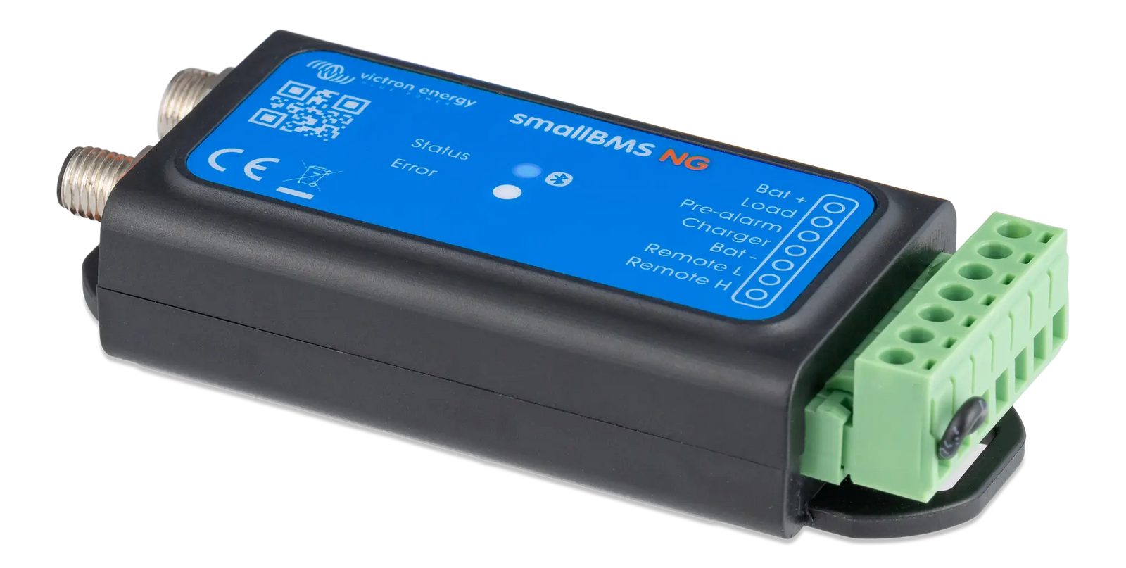 Perspective view of the compact Victron smallBMS NG lithium battery management unit