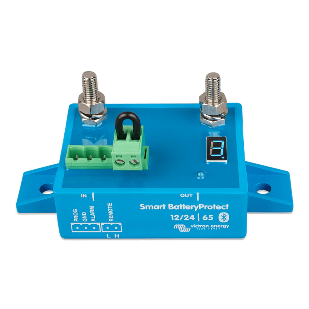 Angled view of the unit highlighting the 7-segment status display and programming port
