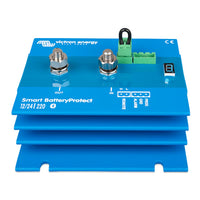 Angled front view of blue Smart BatteryProtect 220A showing integrated aluminium heatsink fins