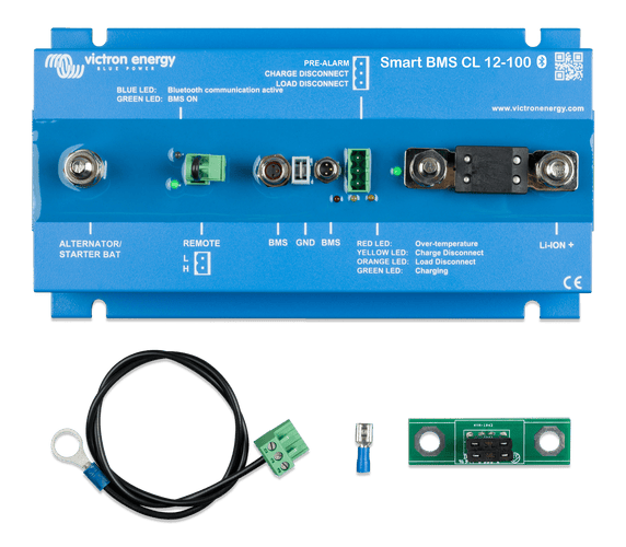 Top-down view of the Smart BMS unit with included terminal cables and fuse accessories