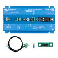 Top-down view of the Smart BMS unit with included terminal cables and fuse accessories