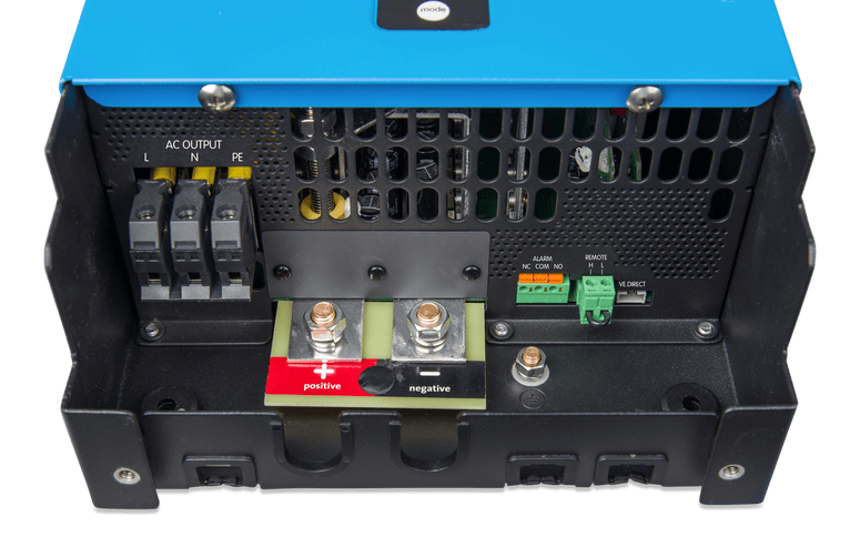 Bottom connection panel of the inverter showing electrical terminals and communication ports