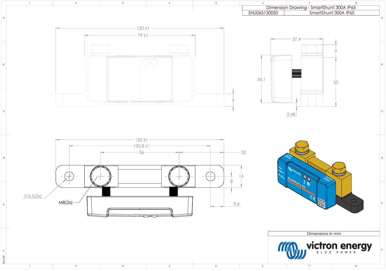 Technical dimension drawing with measurements for the battery monitor shunt
