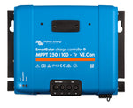 Front view of Victron SmartSolar MPPT 250/100-Tr VE.Can solar charge controller with terminal markings
