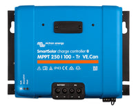 Front view of Victron SmartSolar MPPT 250/100-Tr VE.Can solar charge controller with terminal markings