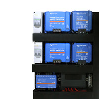 Detailed view of top section showing stacked SmartSolar MPPTs and Orion XS DC-DC chargers