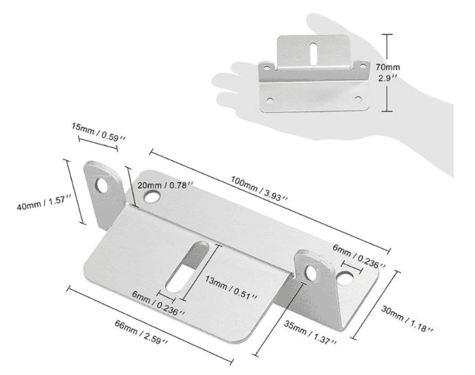 Technical drawing of silver bracket dimensions showing 100mm length, 70mm height and slot positioning