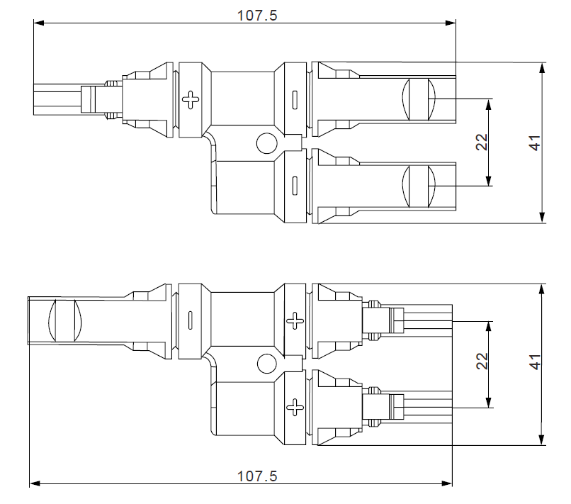 Technical dimension drawing of 2-to-1 branch connectors showing length and port spacing