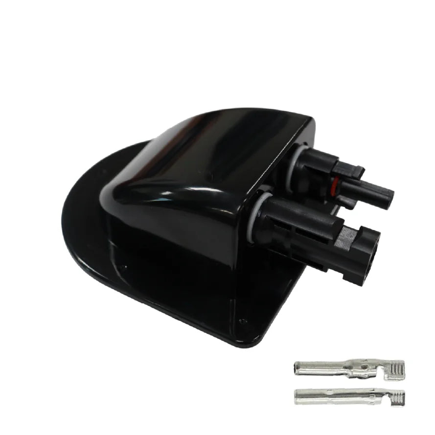 Black solar cable entry housing with two connectors and separate crimp terminals