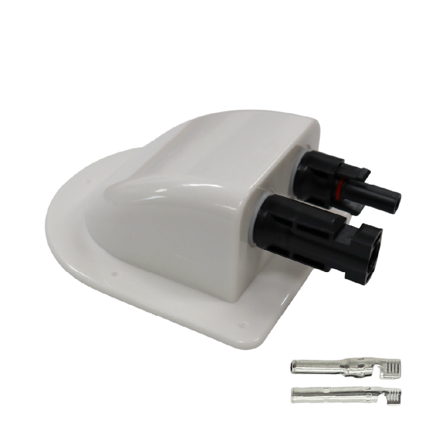 Angled view of white solar cable entry cover with integrated black connectors and loose crimp terminals
