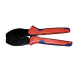 Exotronic solar connector crimping tool with red and blue ergonomic handles in closed position showing die slots