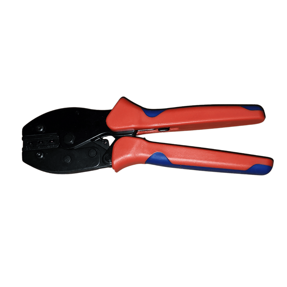 Exotronic solar connector crimping tool with red and blue ergonomic handles in closed position showing die slots