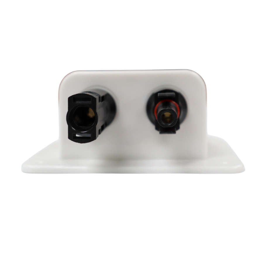 Front view showing pre-installed solar connectors on the white cable entry housing