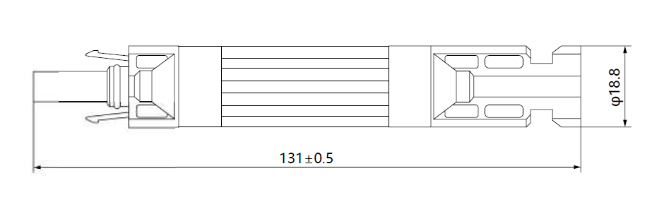 Technical drawing showing 131mm length and 18.8mm diameter of solar fuse connector