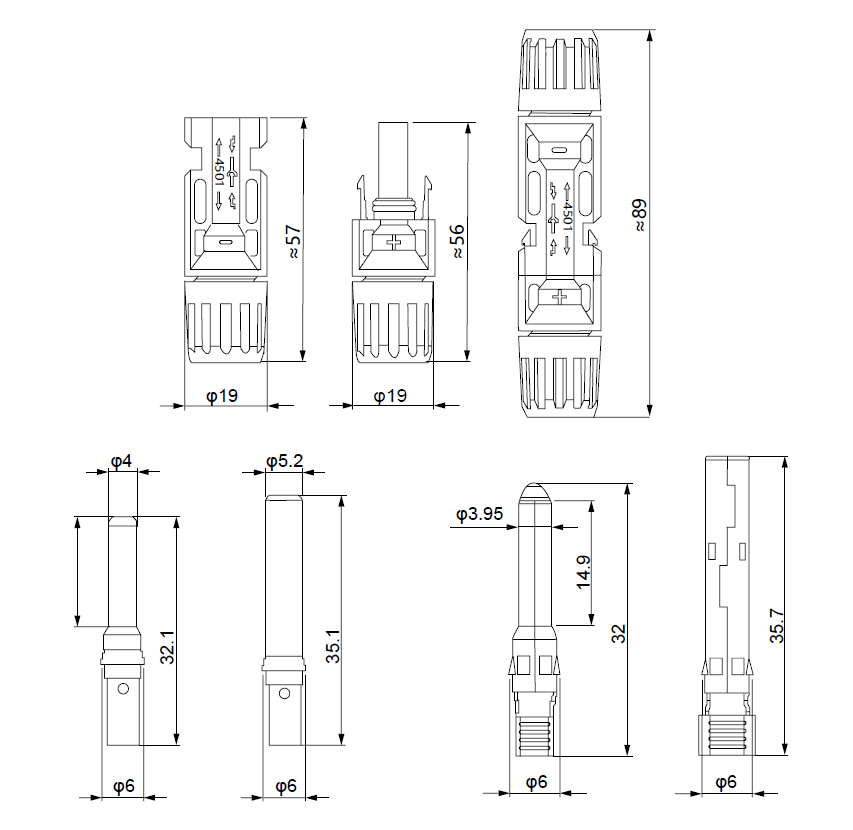 Technical dimensional drawing of Exotronic solar connector pair and terminals