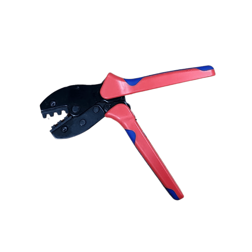 Open solar connector crimping tool displaying jaw alignment and ergonomic handle grip