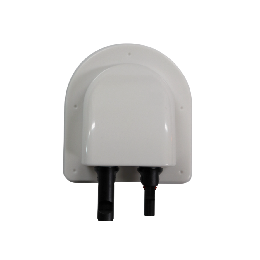Top view of the white ABS plastic housing for solar cable entry