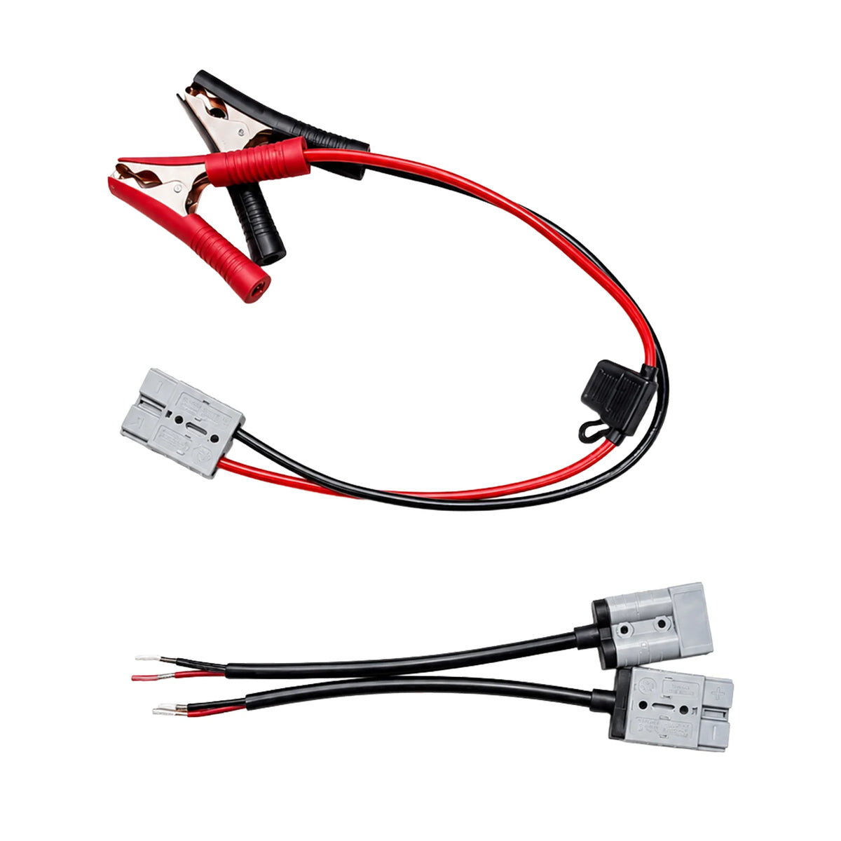 Solar panel accessory leads including battery alligator clips and bare wire to grey plugs