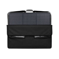 Solar panel inside open black carry case showing protective inner lining