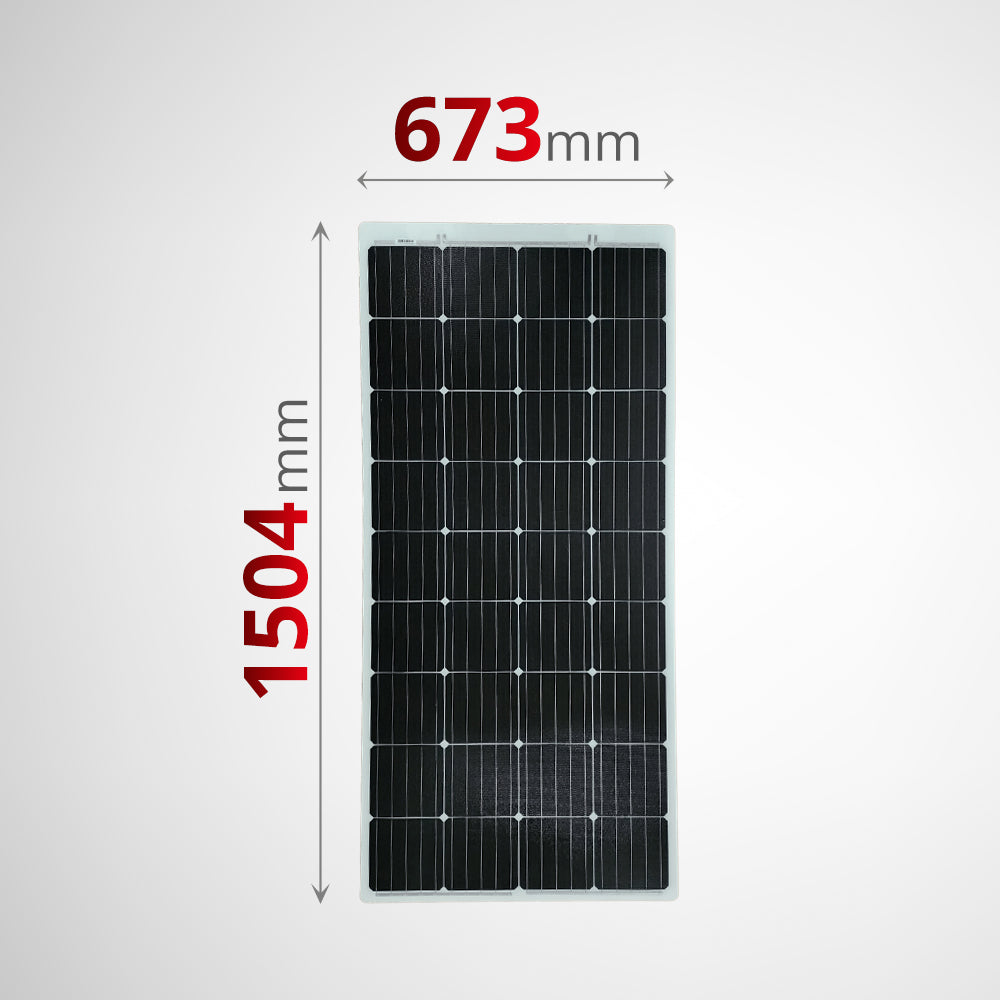 Dimensions of the 175W flexible solar panel showing 1504mm length and 673mm width