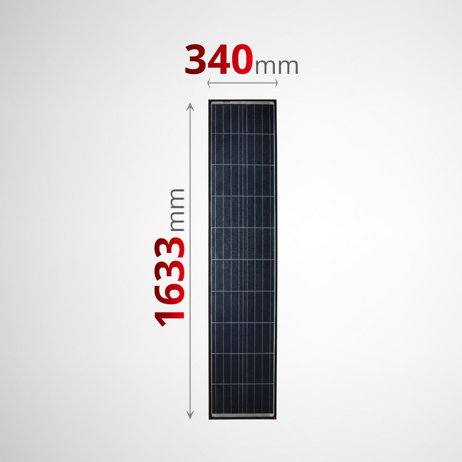 Front view of solar panel with dimensions 1633mm by 340mm