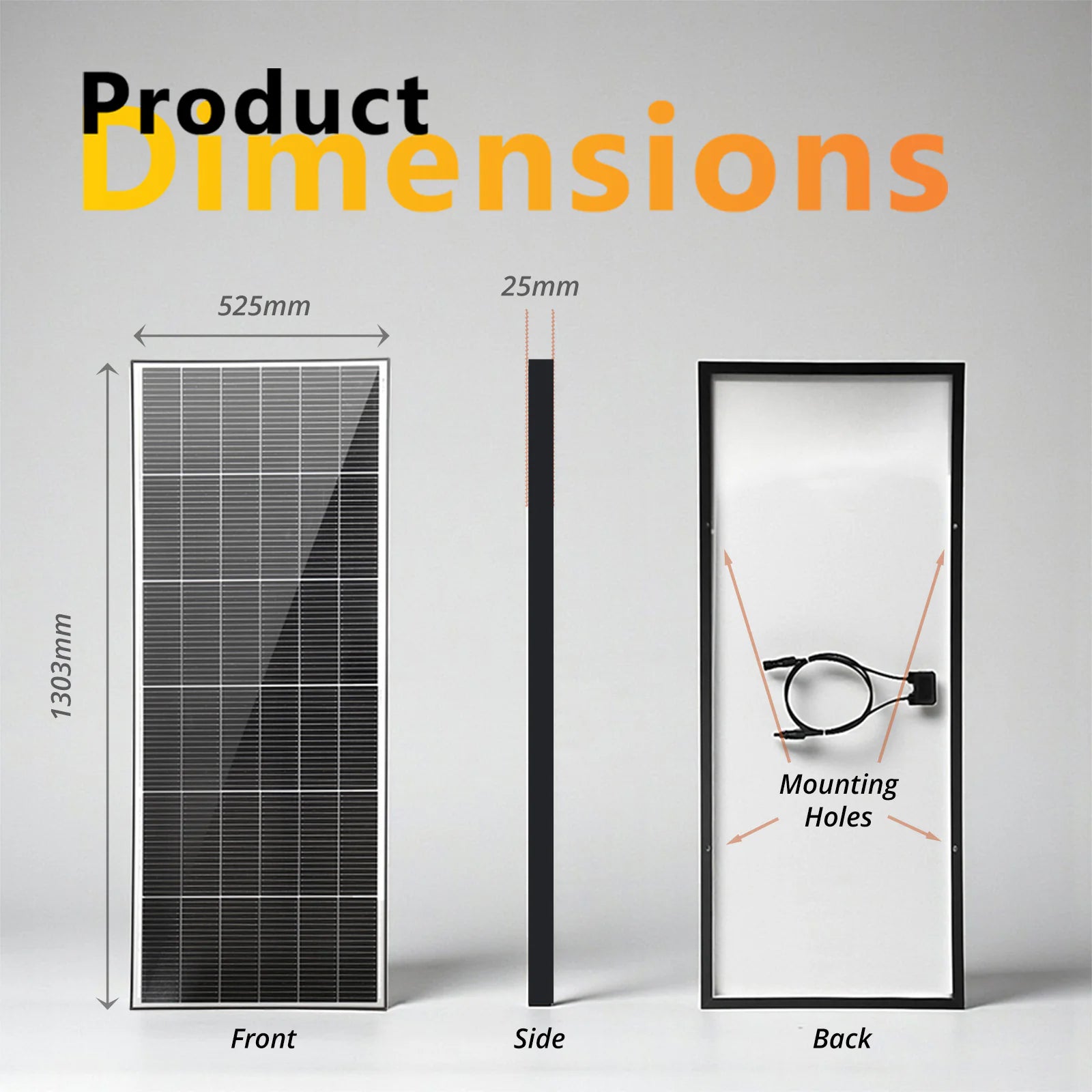 Technical dimensional drawing of solar panel showing 1303mm height, 525mm width and 25mm depth