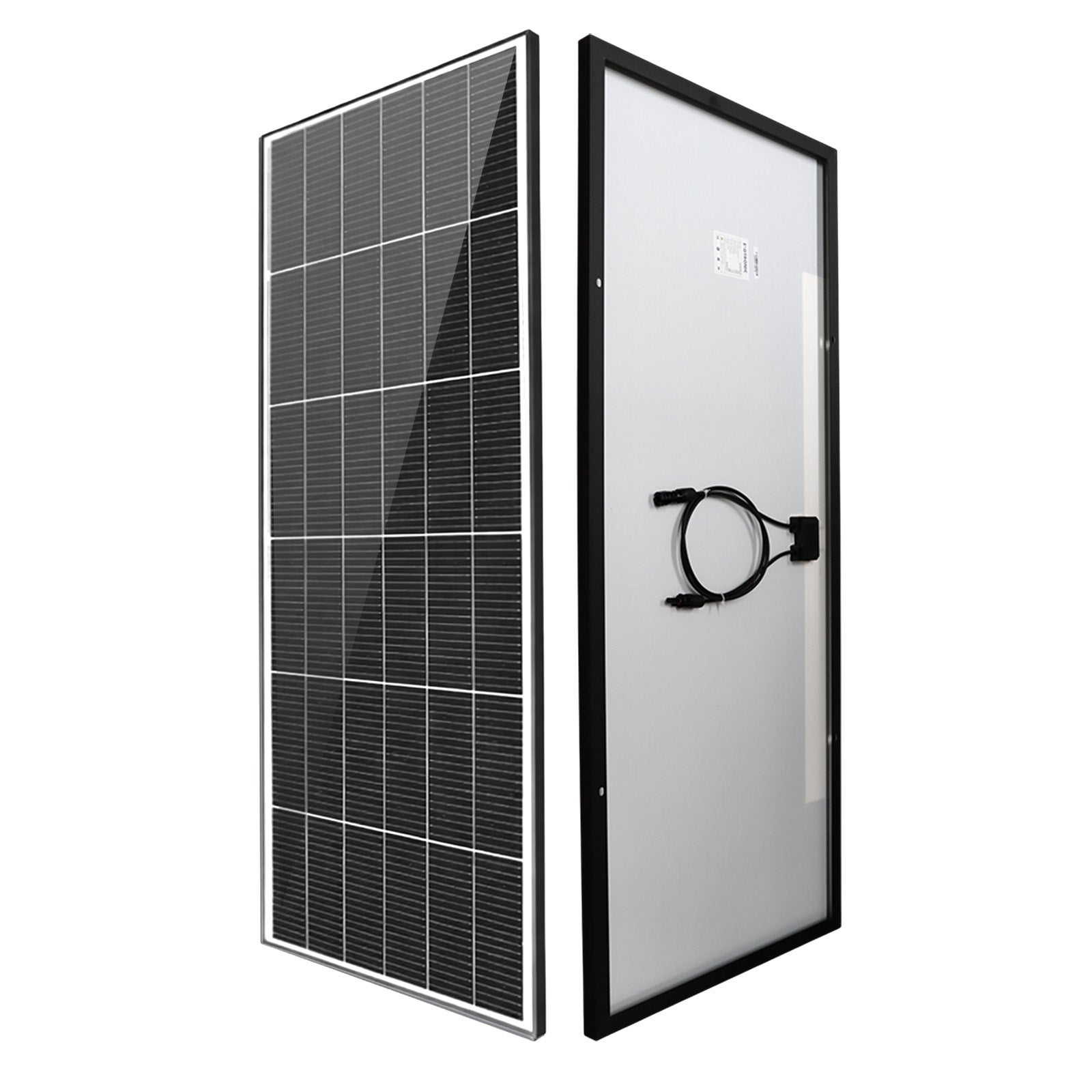 Composite image showing both front cell grid and rear junction box layout of 145W solar panel