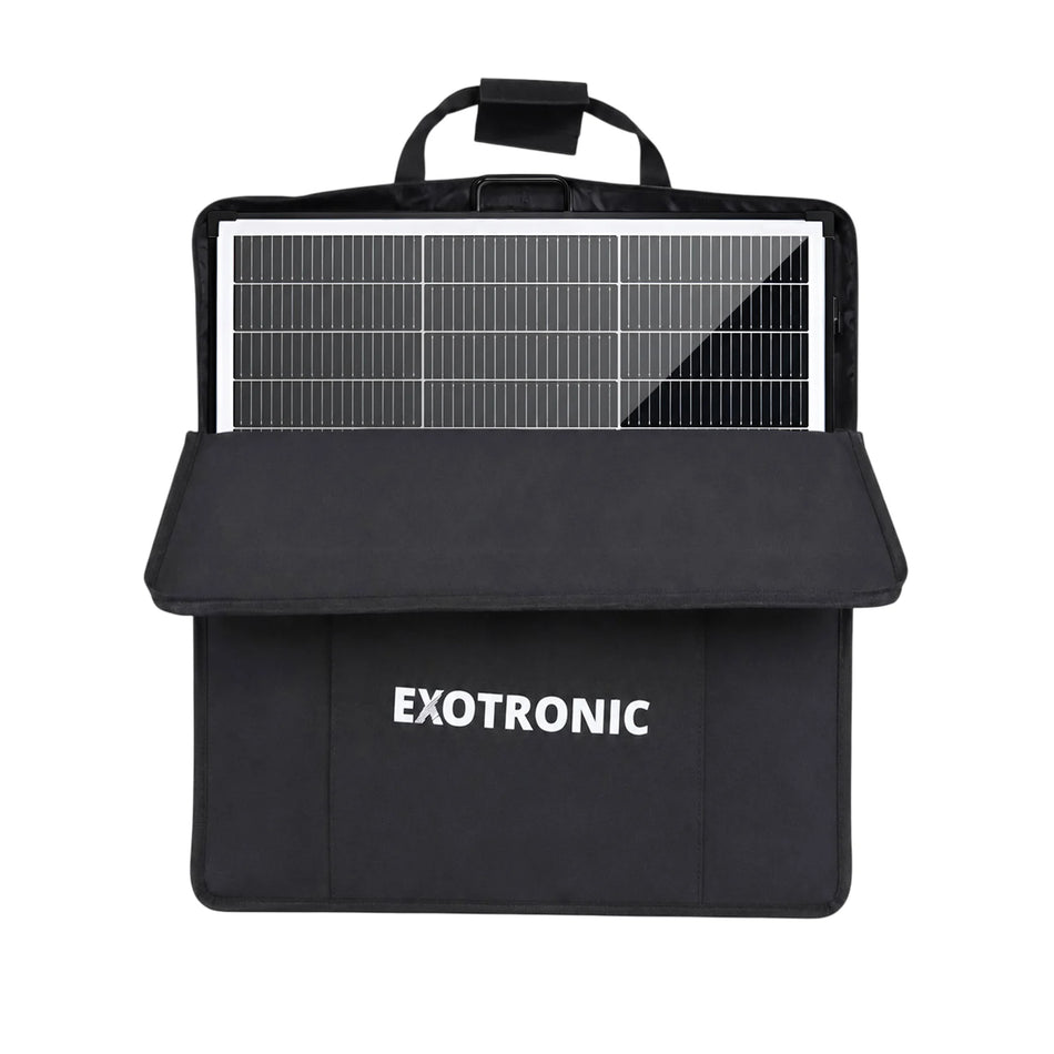 A black 200W folding solar panel partially tucked into its protective carry bag