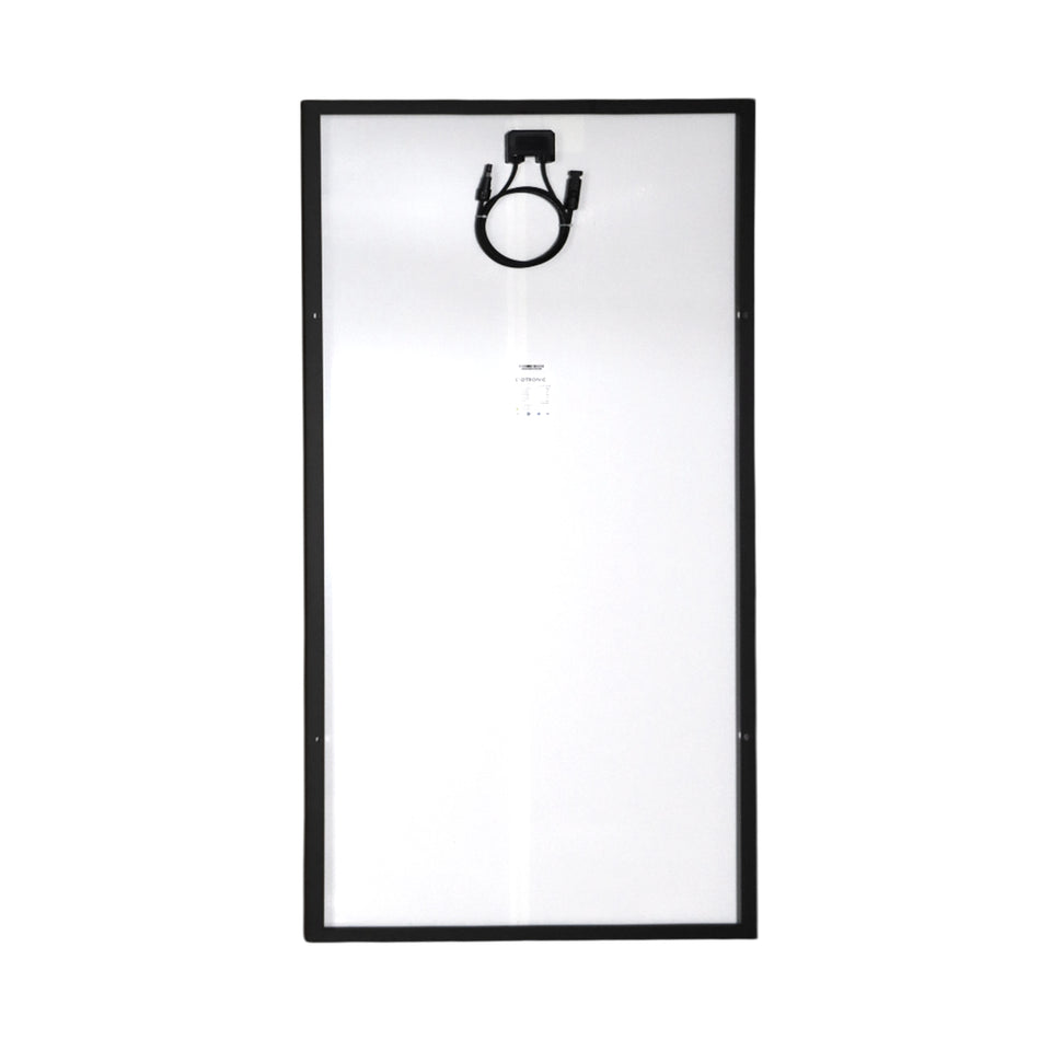 Rear view of solar panel showing white backsheet, IP68 junction box and cables