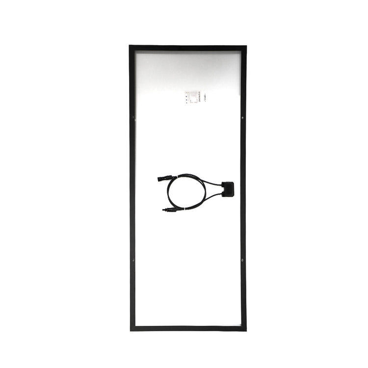 Rear view of solar panel showing white backing sheet, junction box and MC4 compatible connectors