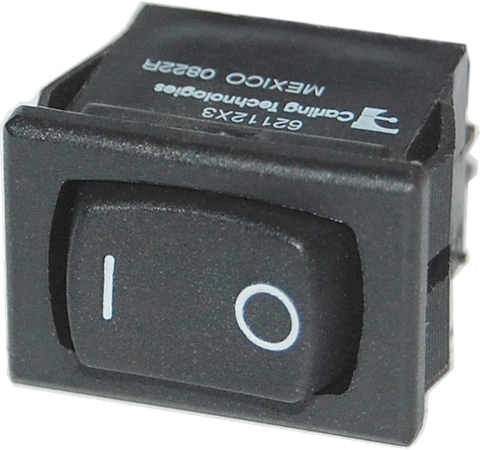 Black SPDT momentary rocker switch with white line and circle markings