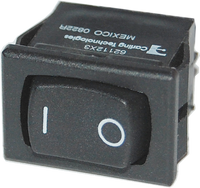 Black SPDT momentary rocker switch with white line and circle markings
