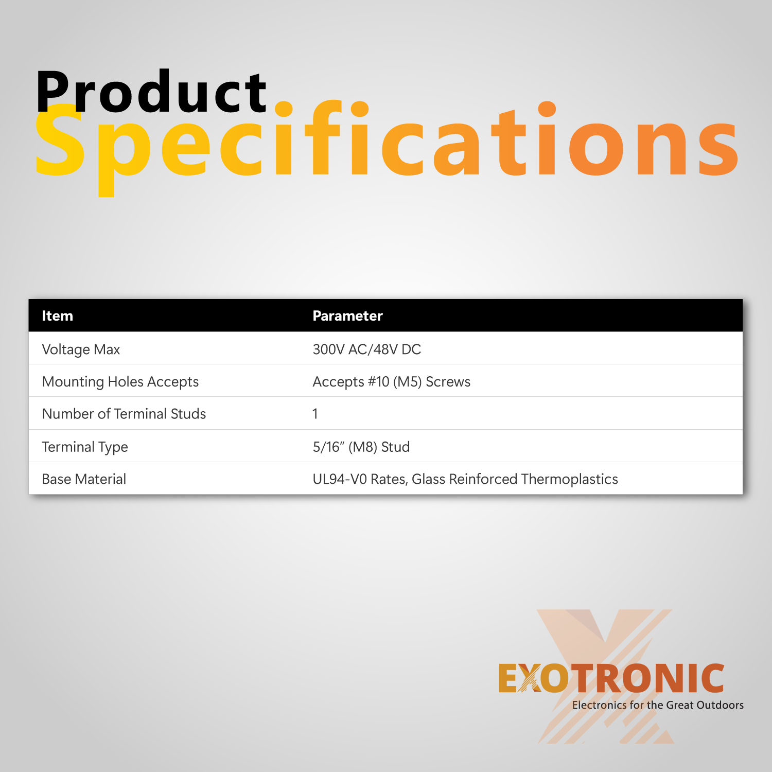 Product specifications table for Exotronic single terminal stud listing voltage and material