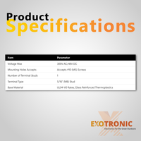 Product specifications table for Exotronic single terminal stud listing voltage and material