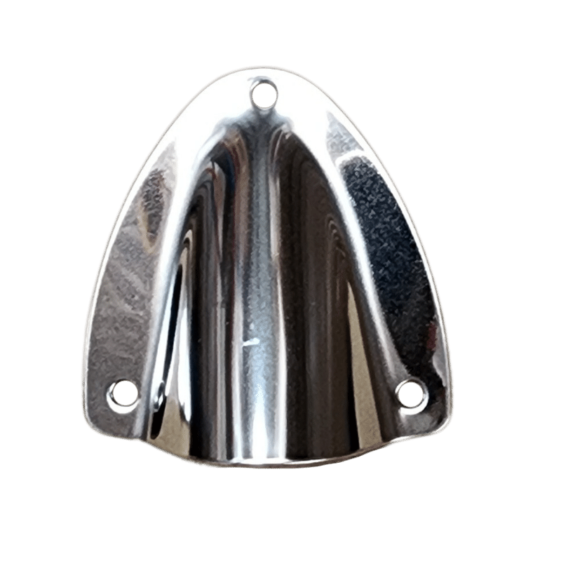 Top-down view of polished stainless steel clamshell cable entry cover with three mounting holes