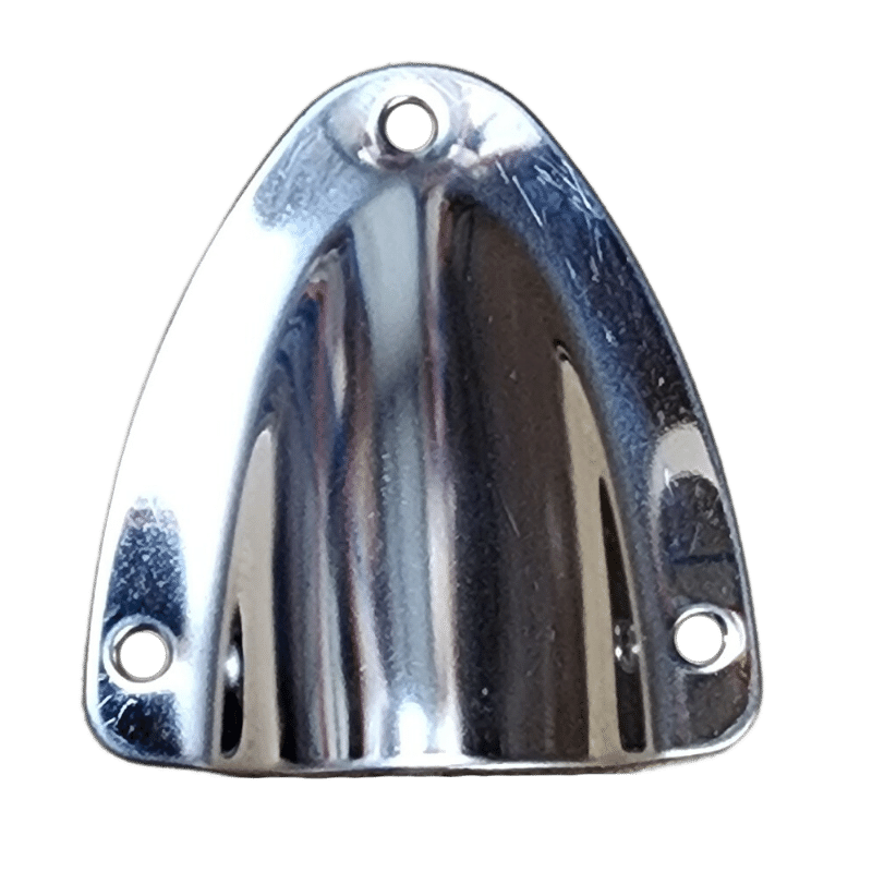 Top view of small polished stainless steel clamshell cable cover with three mounting holes