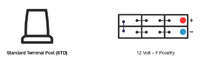 Diagrams showing standard terminal post shape and 12-volt F-polarity cell configuration