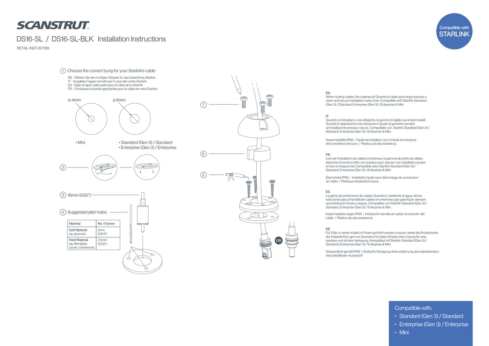 Installation manual for Scanstrut Starlink cable seals showing assembly steps and drill sizes