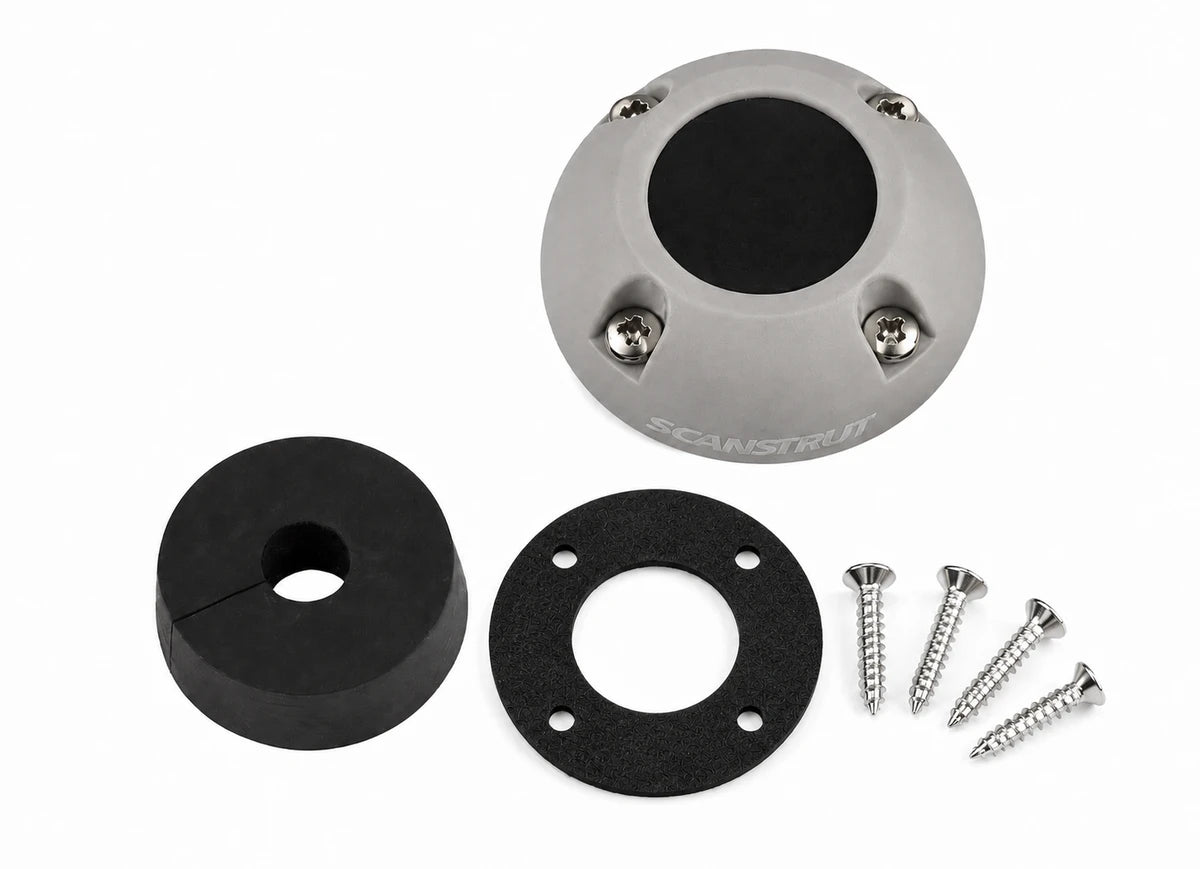 Exploded component view including grey dome, split rubber bung, gasket and screws