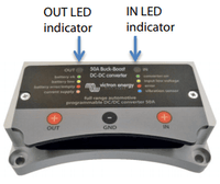 Close-up view of the LED indicators for output and input status on the converter panel