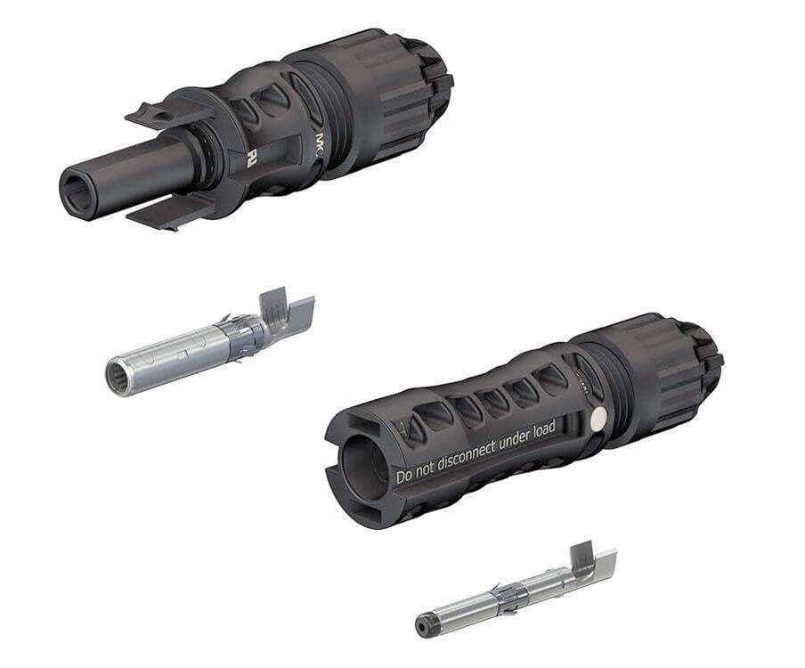 Stäubli MC4 Evo 2 solar connector pair with male and female housings and metal terminals