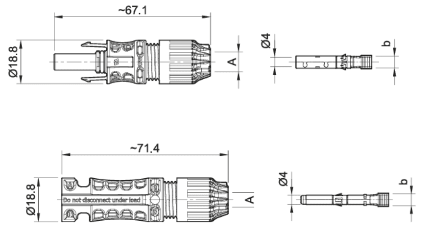 Dimensional technical drawing of MC4 Evo 2 connectors showing lengths of 67.1mm and 71.4mm and diameter of 18.8mm