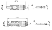 Dimensional technical drawing of MC4 Evo 2 connectors showing lengths of 67.1mm and 71.4mm and diameter of 18.8mm