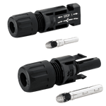 Stäubli MC4 connector pair showing male and female housings with metal crimp terminals