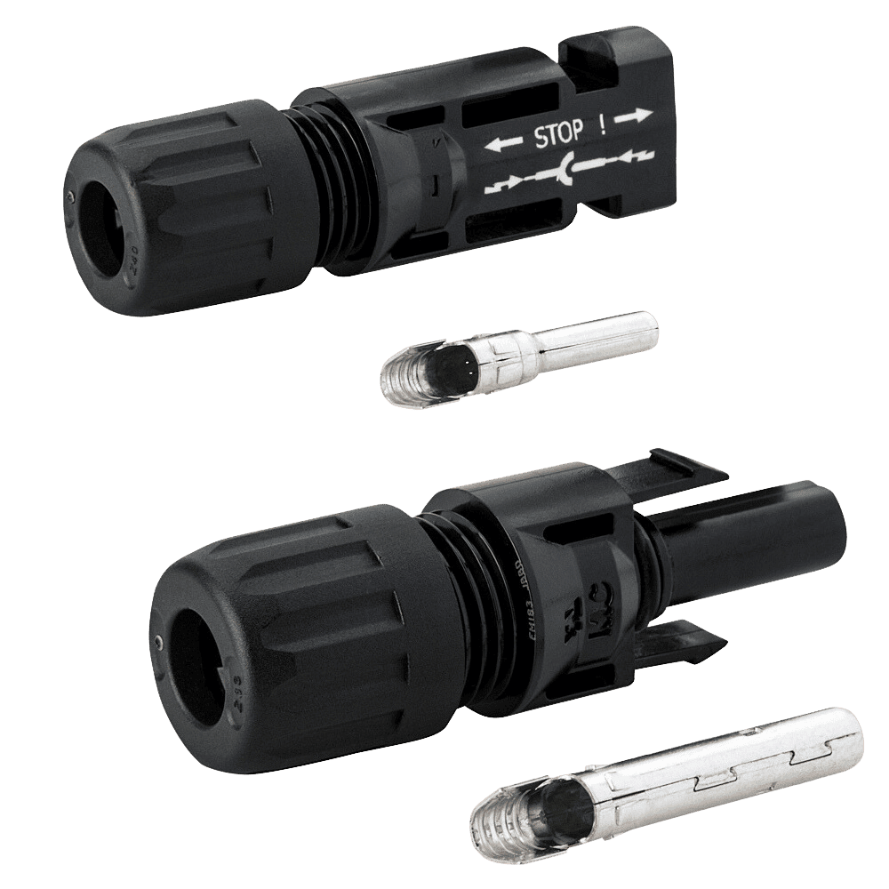 Stäubli MC4 connector pair showing male and female housings with metal crimp terminals