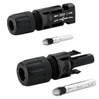 Stäubli MC4 connector pair showing male and female housings with metal crimp terminals
