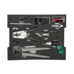 Top-down view of Stäubli MC4 toolset foam insert with crimping and stripping pliers